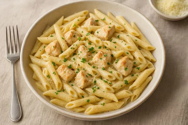 پاستا با مرغ و قارچ