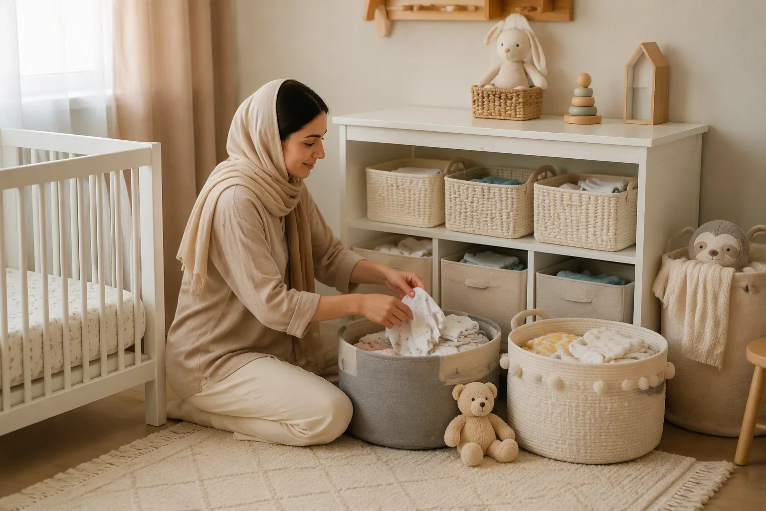 سبد و نظم‌دهنده وسایل نوزاد برای اتاق کودک